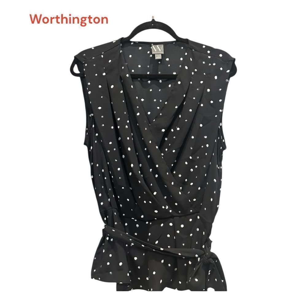 Worthington Black Polka Dot Sleeveless Wrap Blouse